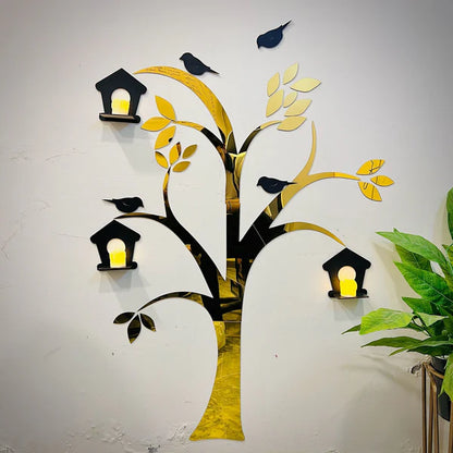 Acrylic Birds on Tree Wall Decor with Wooden Shelves – Large Size